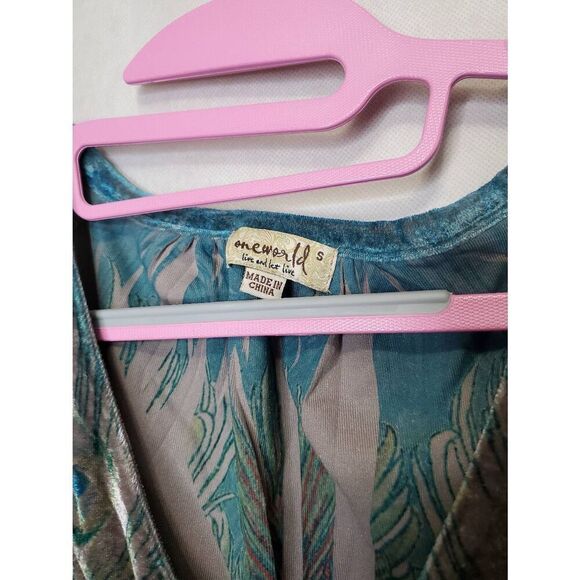 One World Y2K Velvet Empire Waist Puff Sleeve V Neck Peacock Print Tunic Top - Picture 4 of 8